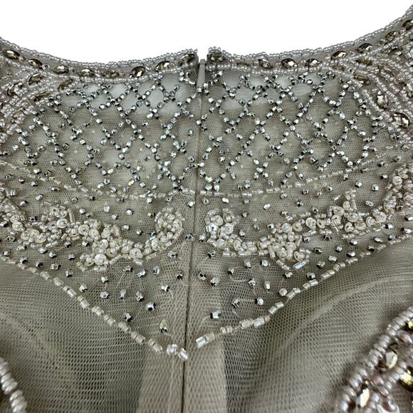 Cameron Blake Beige Neutral Full Length Lace Gown With Beaded Detail Women's 4 - Picture 8 of 13